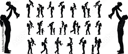Father and child silhouettes, playful parenting moments, family bonding scenes, dad lifting kid poses, love, care, joy