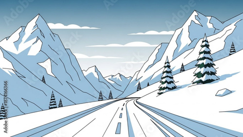 Snowy mountain road with trees and majestic peaks under blue sky with snowy road and mountain landscape and winter scene and evergreen trees