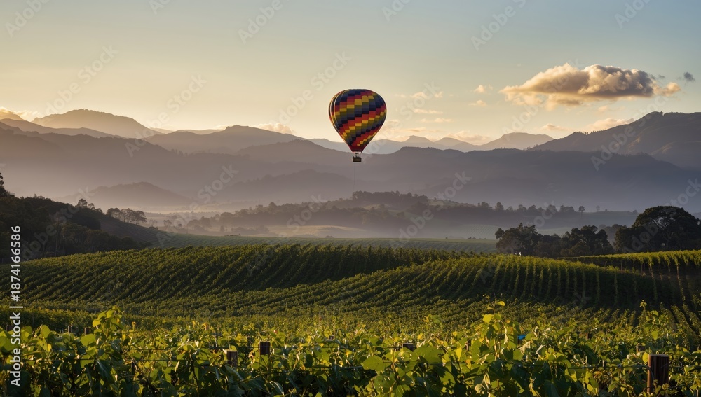 Fototapeta premium Mountain range and sunrise behind vineyards, designed as a natural backdrop for editorial or design use, Earth Day