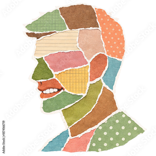 Male head silhouette made of torn paper pieces