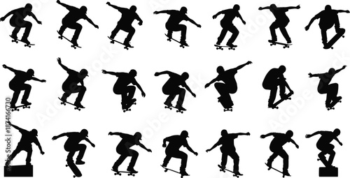 Skateboarder silhouettes collection, skateboarding tricks action poses set, extreme sport athlete icons, black vector illustration isolated on white background