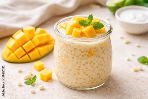 Creamy chilled mango sago treat made with coconut milk and topped with mango slices in a jar with copy space