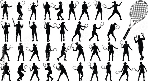 Tennis player silhouettes collection, male and female tennis action poses set, sport icons, black vector illustration isolated on white background