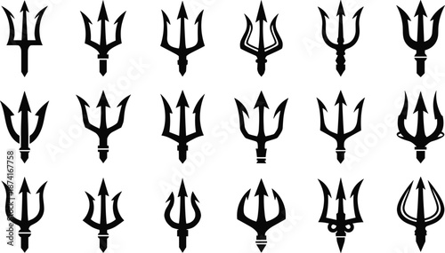 Trident silhouette icon set, ancient weapon symbols collection, mythology divine power shapes, Shiva trishul designs, black vector isolated