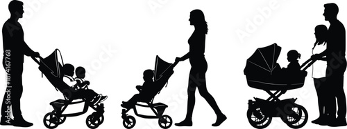 Parents walking with baby stroller silhouettes, family outdoor activity, childcare concept, motherhood and fatherhood, parenting lifestyle illustration
