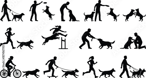 People training and playing with dogs silhouettes, walking running activities, pet care lifestyle, obedience, outdoor exercise illustration