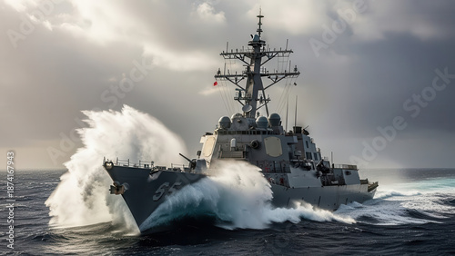 Powerful naval destroyer ship cutting through rough ocean waves