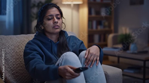 Young woman looking bored and tired while watching TV with colorful light reflected on her face