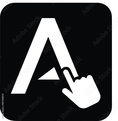 Black square with white letter A and pointing hand