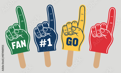 Colorful Foam Fingers vector illustration showing fans’ victory hand gestures, team spirit and sports support, isolated on white background for promotional and presentation designs.
