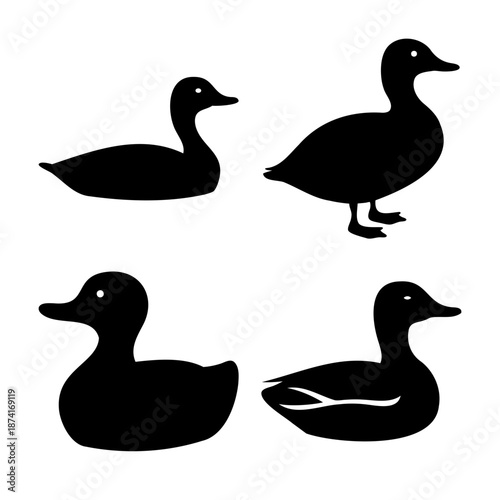 Collection of minimalist black duck silhouettes in various poses, perfect for simple designs