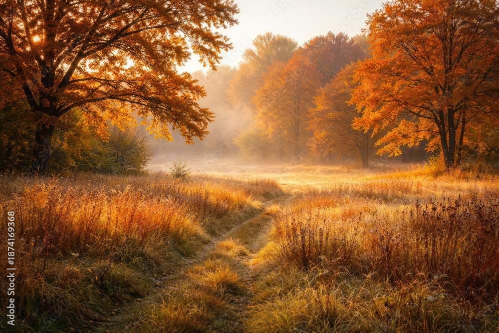 Fototapeta premium Autumn meadows and trees glowing in soft early daylight