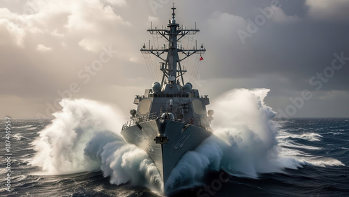 Powerful naval ship cutting through turbulent ocean waves under stormy sky