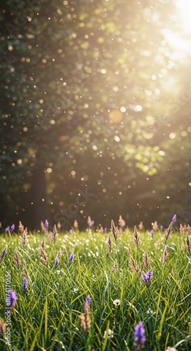 A peaceful, shimmering meadow filled with soft glowing light, perfect for fantasy backdrops and spiritual themes and graphic design use, concept, backdrop, transcendent