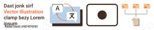 Language translation, digital tools, data management, workflow optimization, file sharing, organization. Icons include translation symbols, organized files and document workflow. Language