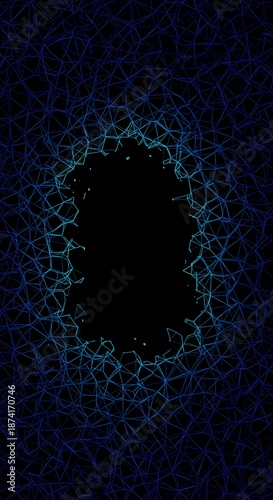 A seamless geometric pattern of interconnected lines and shapes is abruptly interrupted by a large, featureless void, representing missing data or potential, data, negative space, insert