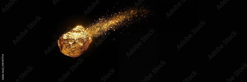 Obraz premium Gold nugget with shining surface and comet tail effect on dark background, highlighting mineral quality and visual contrast