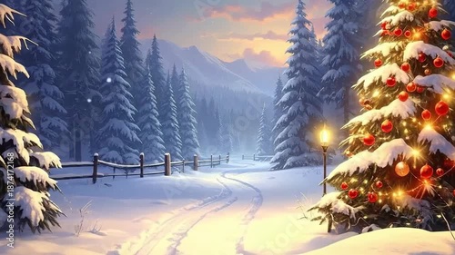 Serene winter wonderland scene with a decorated Christmas tree and snow-covered landscape.