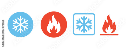 Fire and Snowflake Icons representing hot and cold symbols, vector illustrations for weather