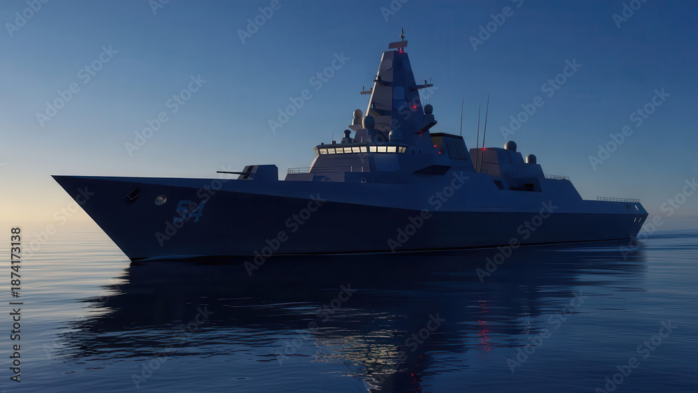 Obraz premium Advanced naval destroyer cruising through calm waters at dusk