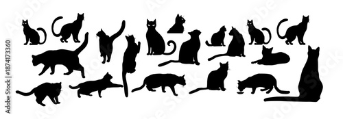 Cat silhouettes on white background . hand drawn. Not AI, Vector illustration