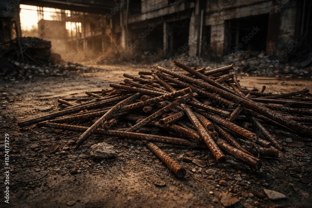 Fototapeta premium Disordered pile of corroded rebar on textured ground beside industrial ruin backdrop