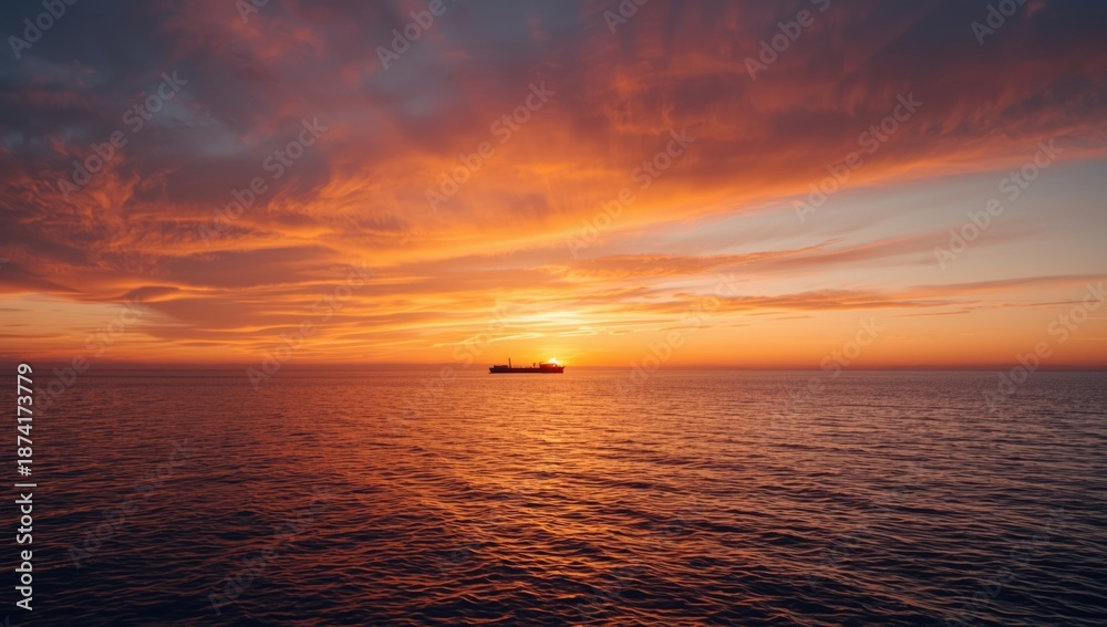 Obraz premium Sea view with clouds and a far-off cargo ship during evening, highlighting shipping and logistics safety