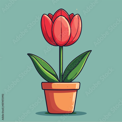 A vibrant cartoon illustration of a red tulip in a terracotta pot on green background with leaves