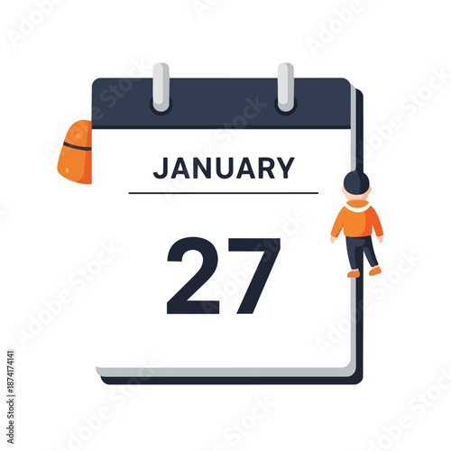 Vibrant illustrative calendar page showcasing January 27th with a tiny person navigating its edge and a prominent bookmark signifying an important