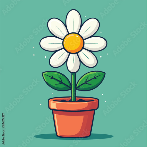 A cartoon daisy flower in a pot on a green background with leaves and petals