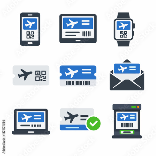Digital boarding passes on devices: smartphone, tablet, watch, laptop, and kiosk