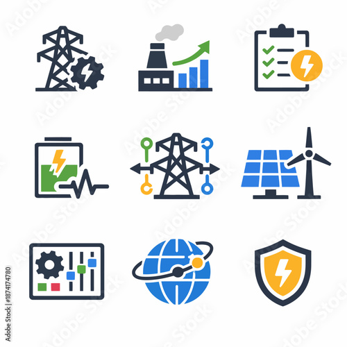 Energy icons set: power plant, solar, wind turbine, battery, data, shield