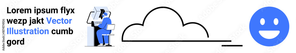 Fototapeta premium Cloud computing, digital interaction, data storage, user interface, positive feedback, communication. A person interacting with technology, cloud design and a smiling face. Cloud computing