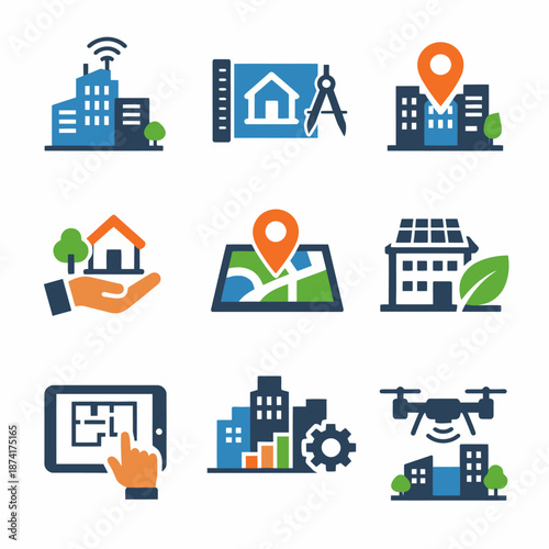Smart city icons: gps, architecture, renewable energy, and technology integration