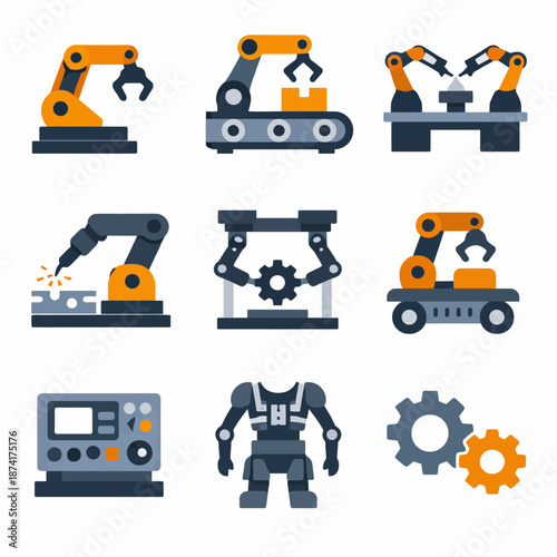 Industrial robotics equipment and automation technology icons set