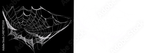 A 3D-perspective corner spider web design, ideal for creating a spooky atmosphere in rooms or abandoned spaces black for showing and transparent for design.