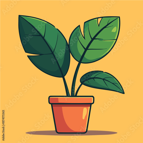 A cartoon illustration of a potted plant with green leaves on a yellow background