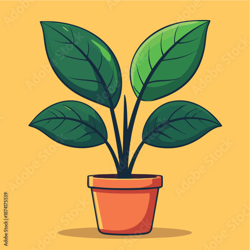 A vibrant cartoon illustration of a potted plant with green leaves on a yellow background