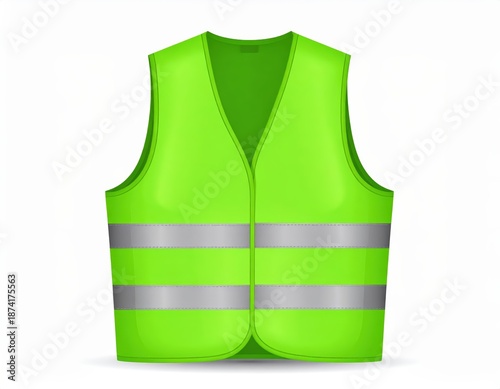 Bright Neon Yellow Safety Vest with Reflective Silver Stripes Front View Isolated on White