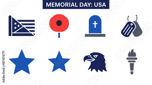 Eight blue and red icons related to Memorial Day USA displayed in two rows
