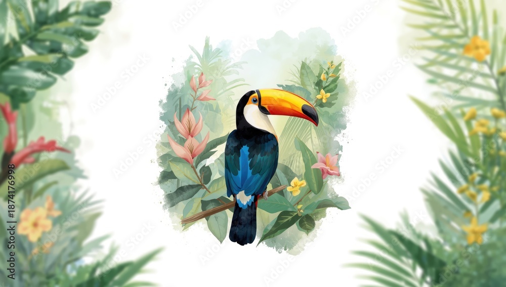 Fototapeta premium Watercolor painting of a toucan, suitable as a background for text or design elements