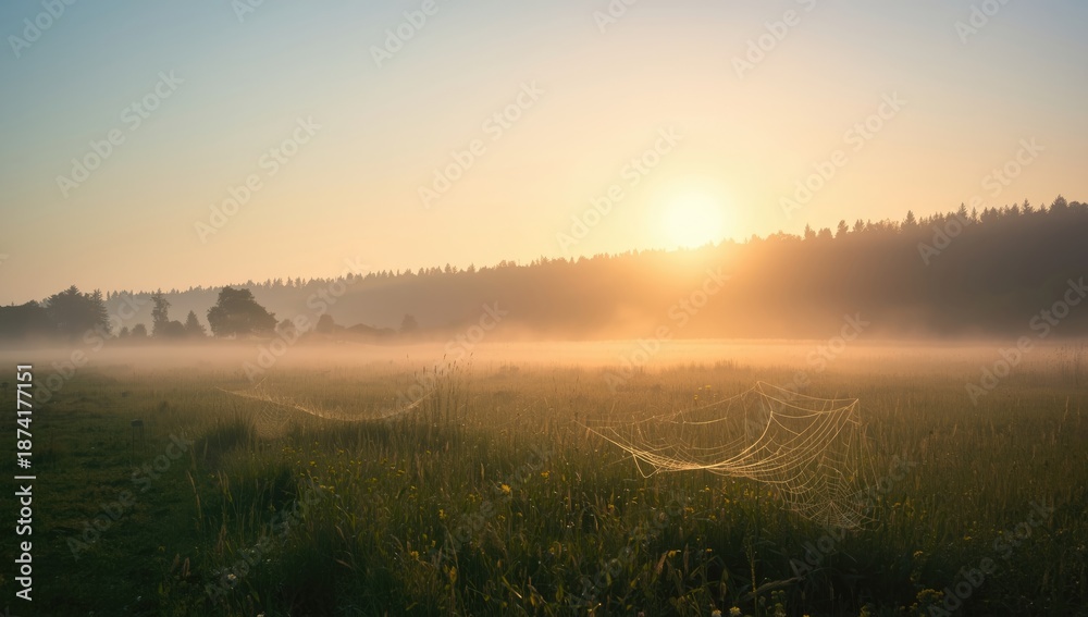 Obraz premium Morning fog drifting over farmland adjacent to a forest, affecting visibility and crop monitoring, Earth Day