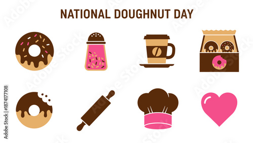 Graphic elements for National Doughnut Day doughnuts sprinkles coffee bakers hat rolling pin and heart