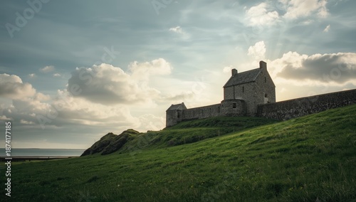 Historic stone castle from the 17th century in Ireland set against a sky and grassy landscape, highlighting European heritage