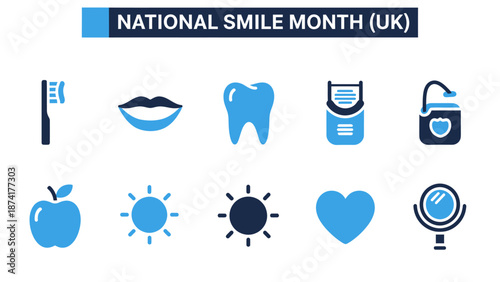 Graphic showing NATIONAL SMILE MONTH UK text above two rows of ten blue and dark blue icons