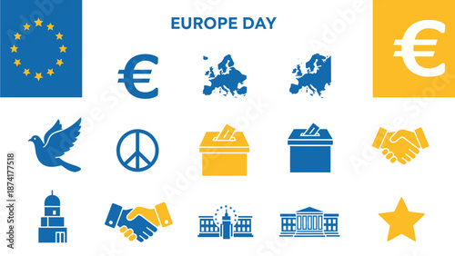 Montage of 15 blue and yellow icons representing Europe Day themes