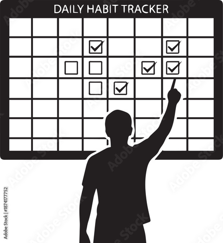 Vector silhouette of a person using a daily habit tracker checklist, for productivity or goal setting, eps isolated on White Background