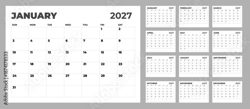 Professional 2027 horizontal calendar template in English with enlarged January, clean grid design, minimalist aesthetic concept, ideal for business planners and annual organizers