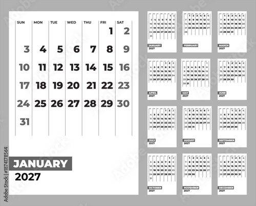 Modern 2027 vertical calendar in English with an attractive layout, vertical day columns. Its clean and professional aesthetic makes it an excellent choice for modern workspaces and digital planners