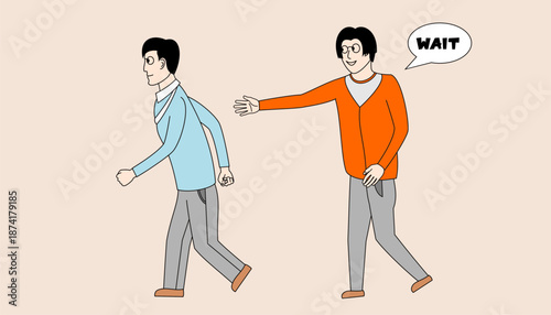Two men are walking and one of them is pointing at the other
